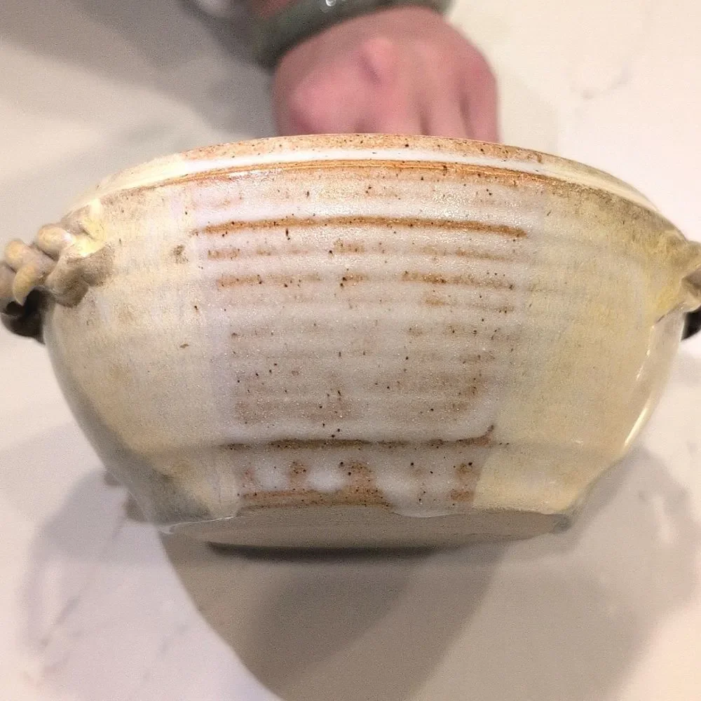 Handmade Ribbed Pottery Bowl with Braided Handles Artist Signed